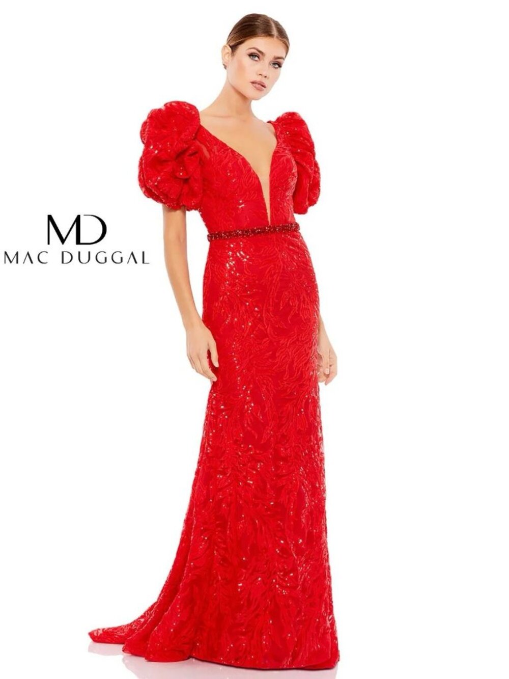 MAC DUGGAL Size 14 Red 12421 Embellished Puff Sleeve Plunge Neck Trumpet Gown - Picture 2 of 11
